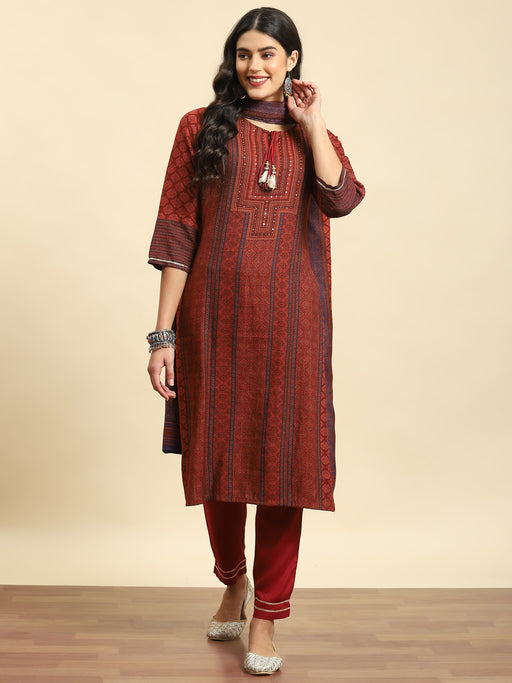 Ishin Women Maroon Yoke Design Sequined Kurta with Trouser & Dupatta -  Absolutely Desi